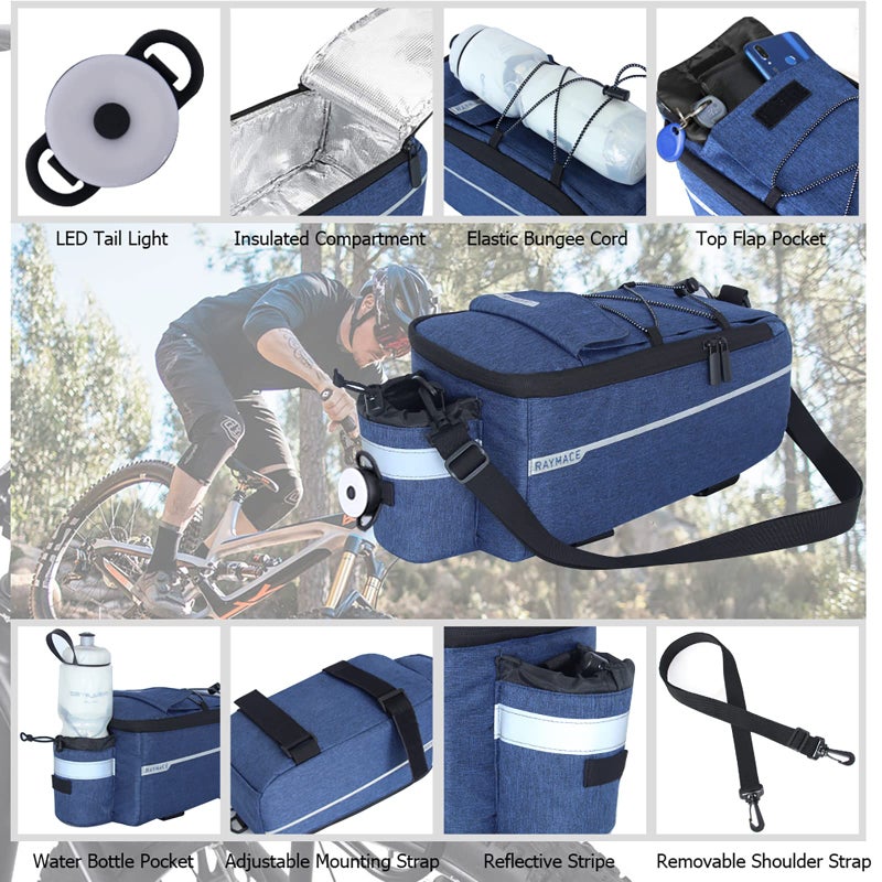 RAYMACE Bike Trunk Cooler Bag With Tail Light,Bicycle Rear Rack Bag Insulated Storage 8L,Pannier Bag (Navy) - Image 4
